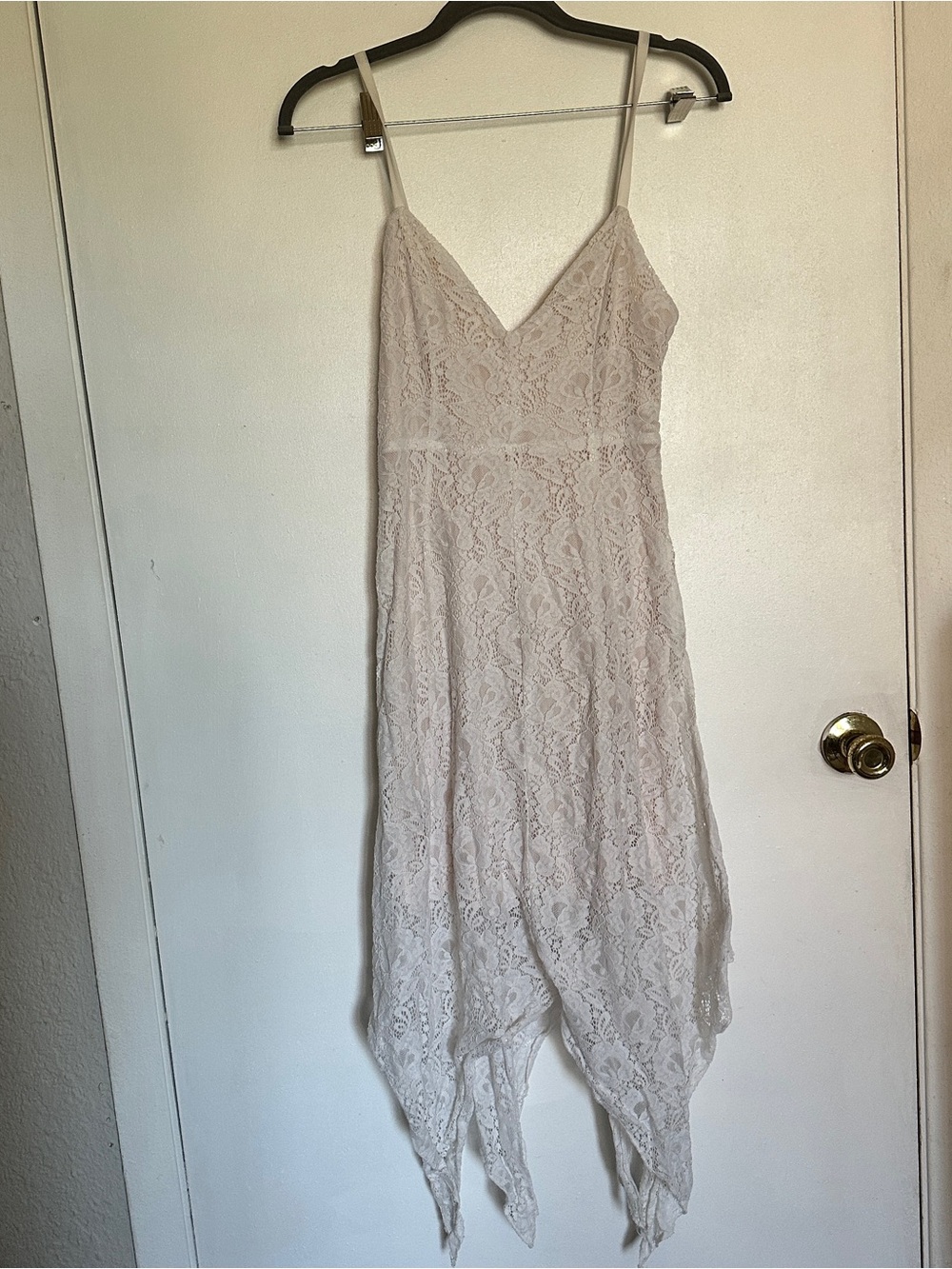 Lace Spaghetti Strap Handkerchief Hem Dress - Cream